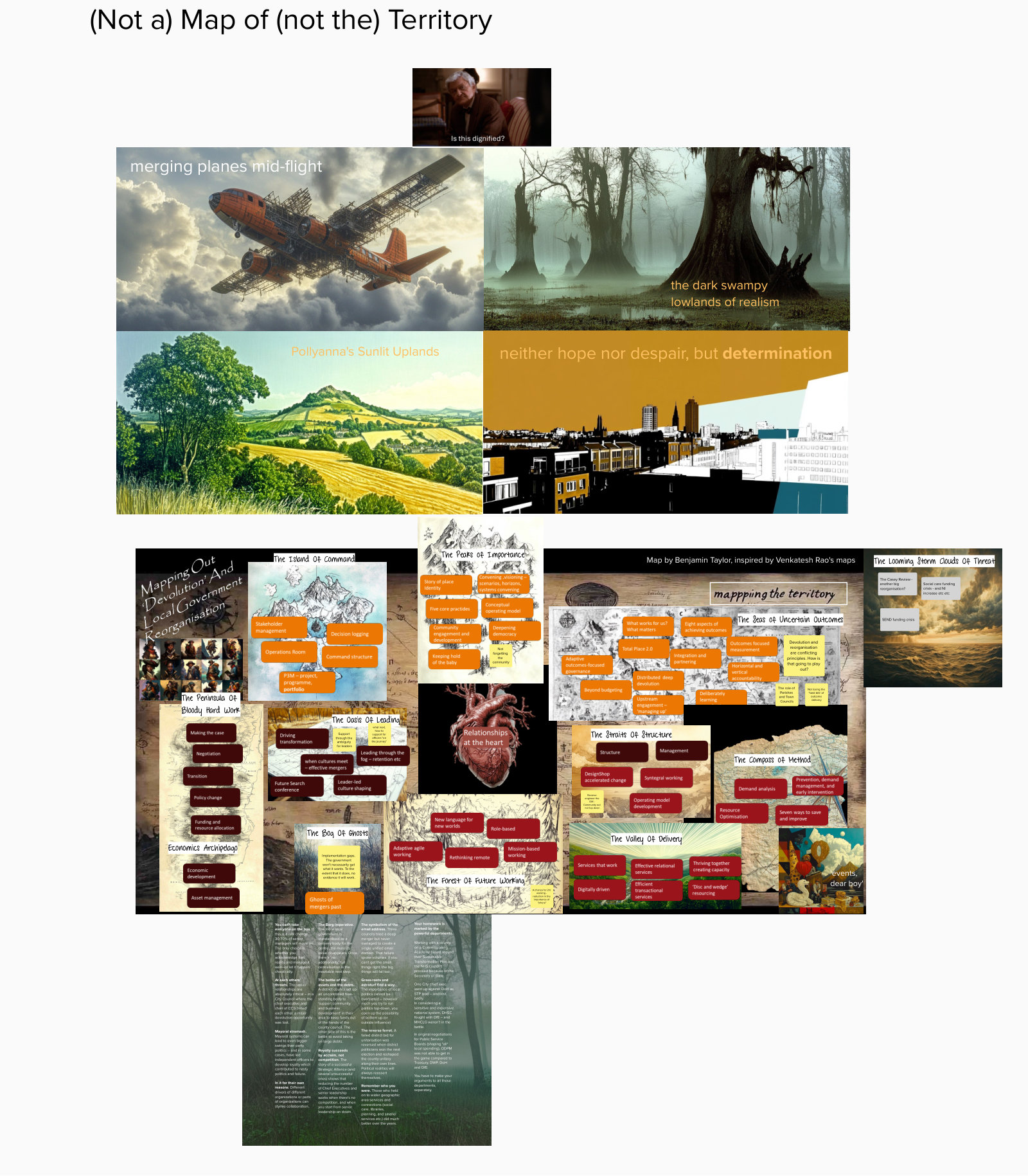 Overview of the LGR and devolution map: a crowded landscape of organisational, political, economic, and human issues, with connected notes and illustrations. Open the PDF to read its detail.